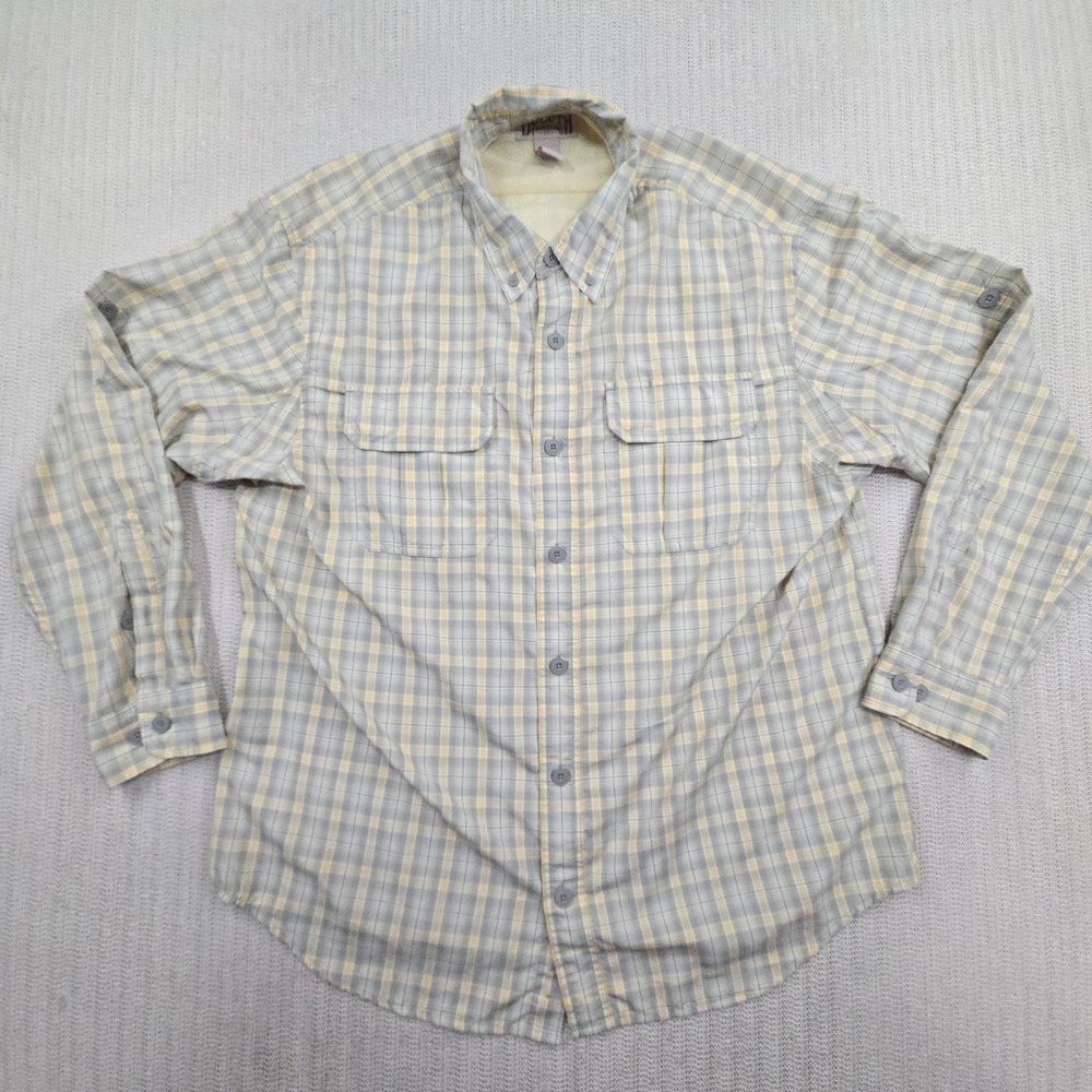 Duluth Trading Armachillo Cooling Shirt Mens Large Beige Plaid Long Sleeve Vents